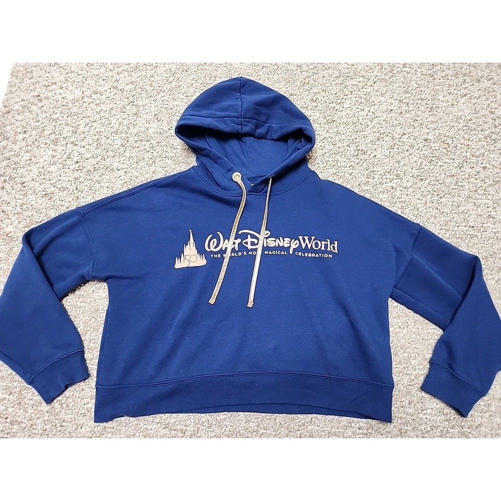Walt Disney World Hoodie Women's Medium Blue 50th Anniversary Cropped Sweatshirt